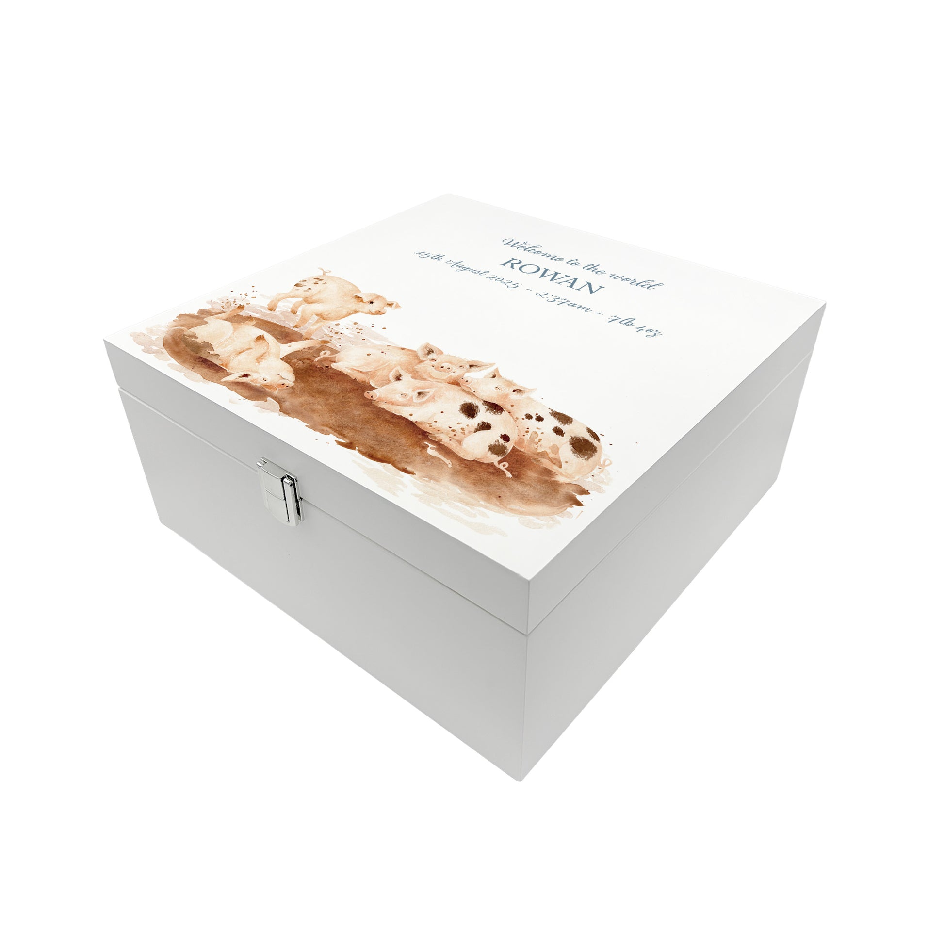 A personalised white wooden baby keepsake gift box with a watercolour piglets design. Ideal for new baby gifts, christenings, birthdays, memory box, and nursery storage.