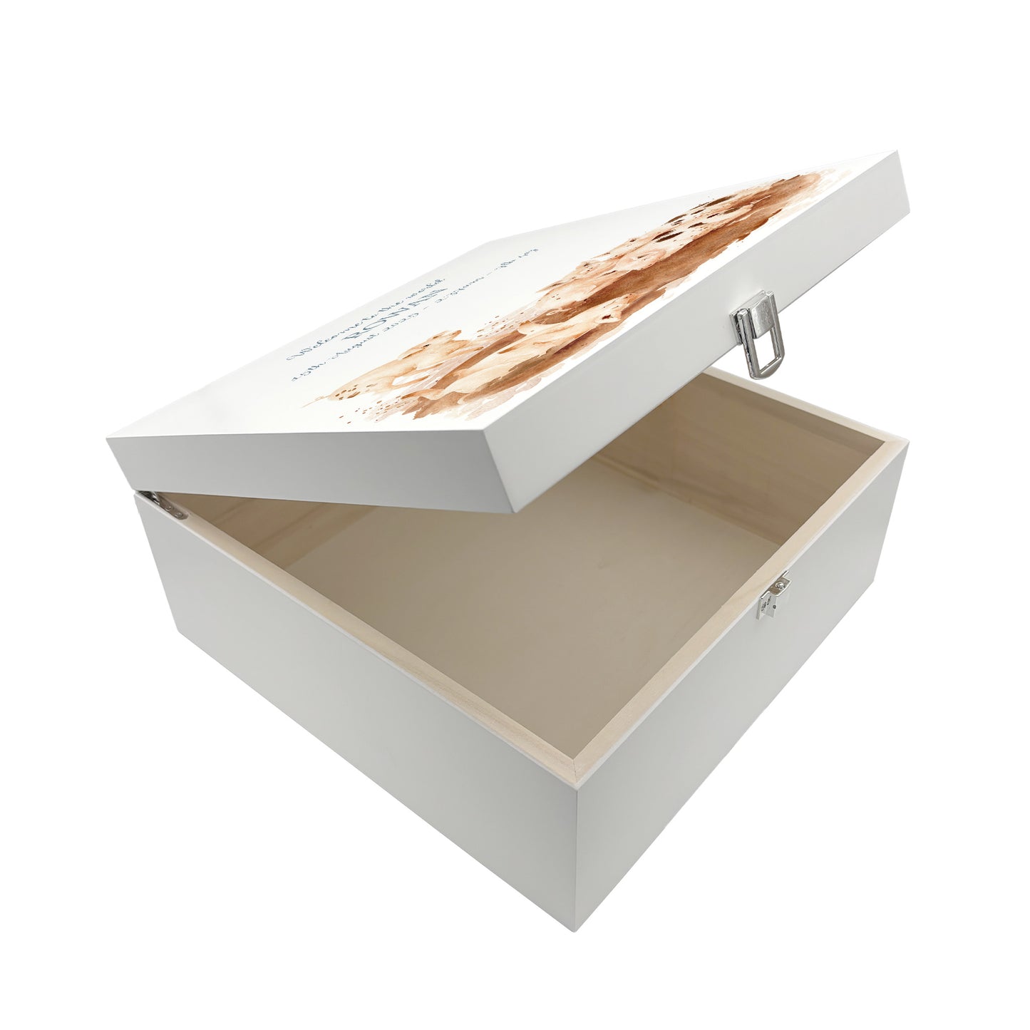 A personalised white wooden baby keepsake gift box with a watercolour piglets design. The box is shown with the lid open to show the solid wood box interior.