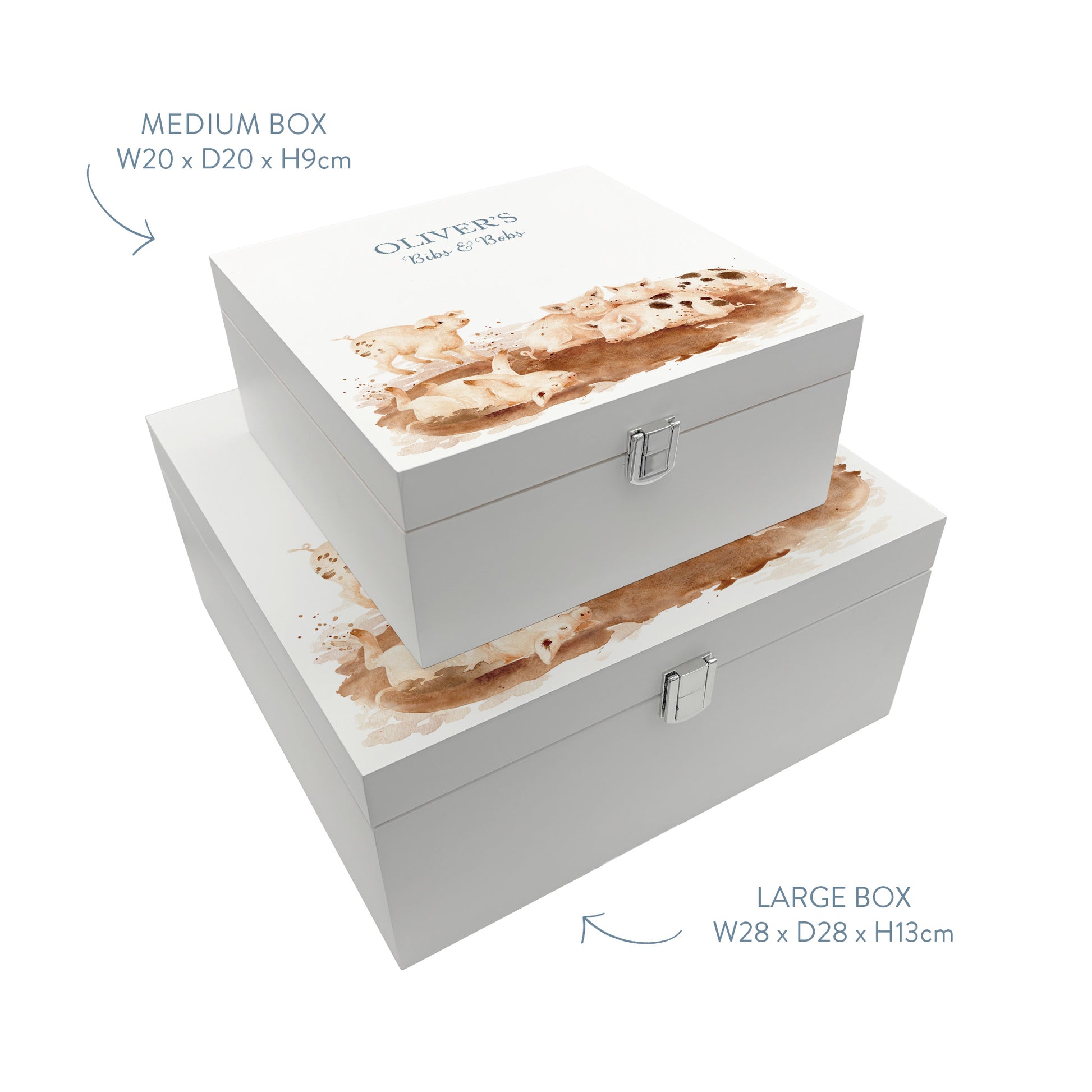 Two white wooden keepsake baby gift boxes stacked on top of each other to show the sizes available. The boxes are personalised with custom text and feature a baby piglets watercolour design.