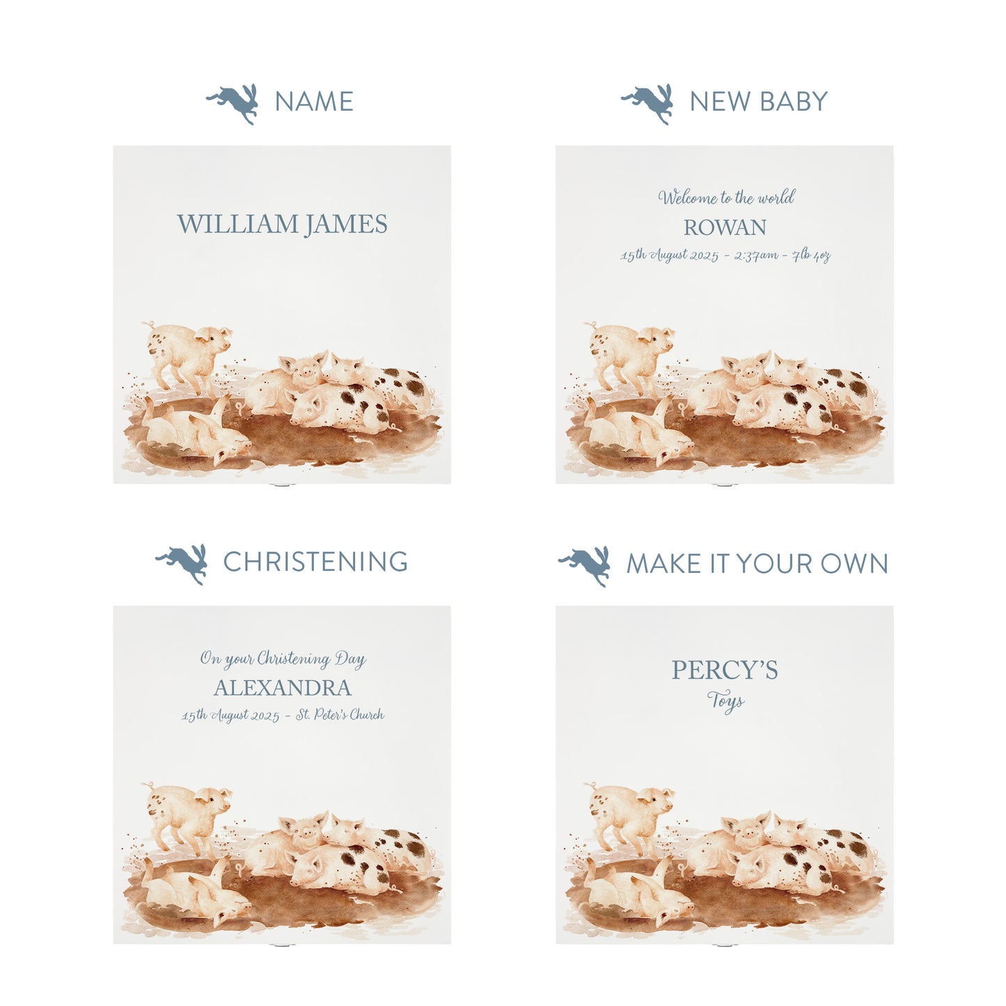 Personalisation options for a white wooden baby gift box with a baby piglets design. The image shows the personalised phrase options available for baby shower, christenings, and nursery storage.