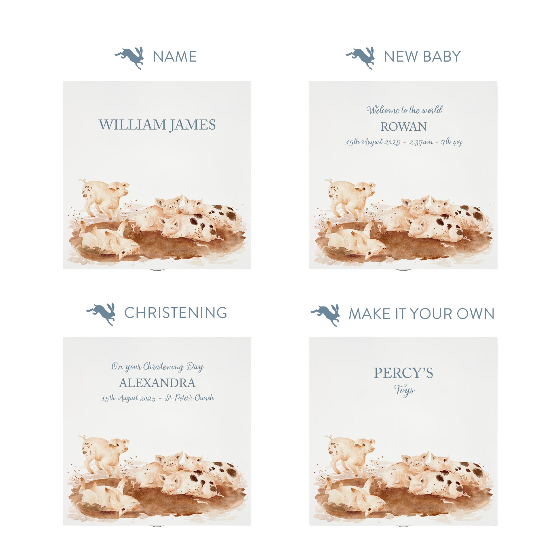 Personalisation options for a white wooden baby gift box with a baby piglets design. The image shows the personalised phrase options available for baby shower, christenings, and nursery storage.