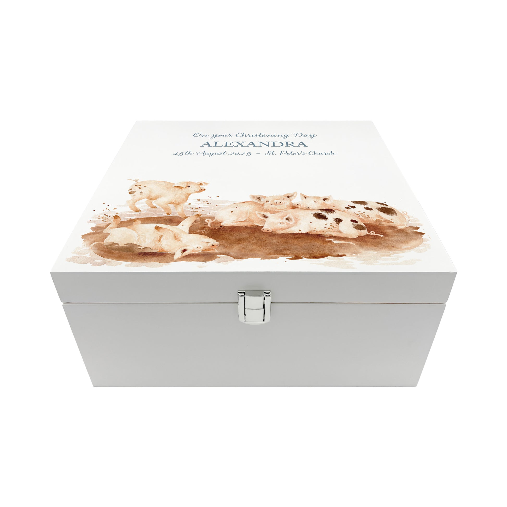 A personalised white wooden baby keepsake gift box with a watercolour piglets design. Ideal for new baby gifts, christenings, birthdays, memory box, and nursery storage.