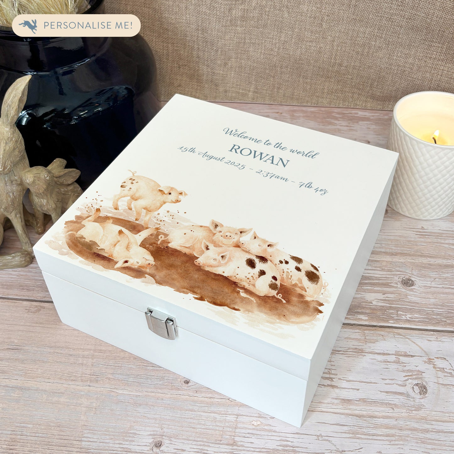 A white wooden keepsake box featuring a sweet baby piglets design. The box can be personalised with a name or special message, making it a truly unique and heartfelt gift for any occasion