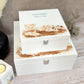 A white wooden keepsake box featuring a sweet baby piglets design, personalised with custom text. Choose from two sizes, medium and large.