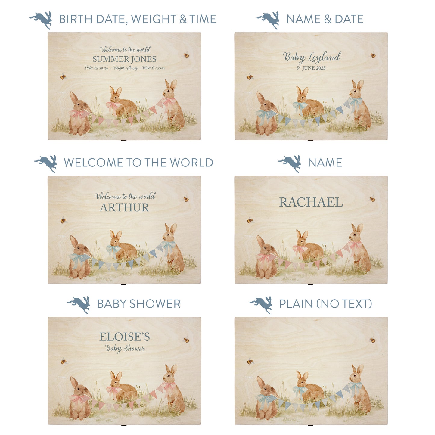This baby animal design can be personalised by adding a beautiful bunting and a luxurious bow around their necks in blue or pink. Add the extra special touch to your special occasion.  This pictures shows examples of some different ways to personalise your beautiful gift box for your friend, loved one and little person in your life. "Box of things" "School keepsakes" "Time Capsule"  "Favourite things" "Bits and Bobs" "Toys" "Christening memory box"
