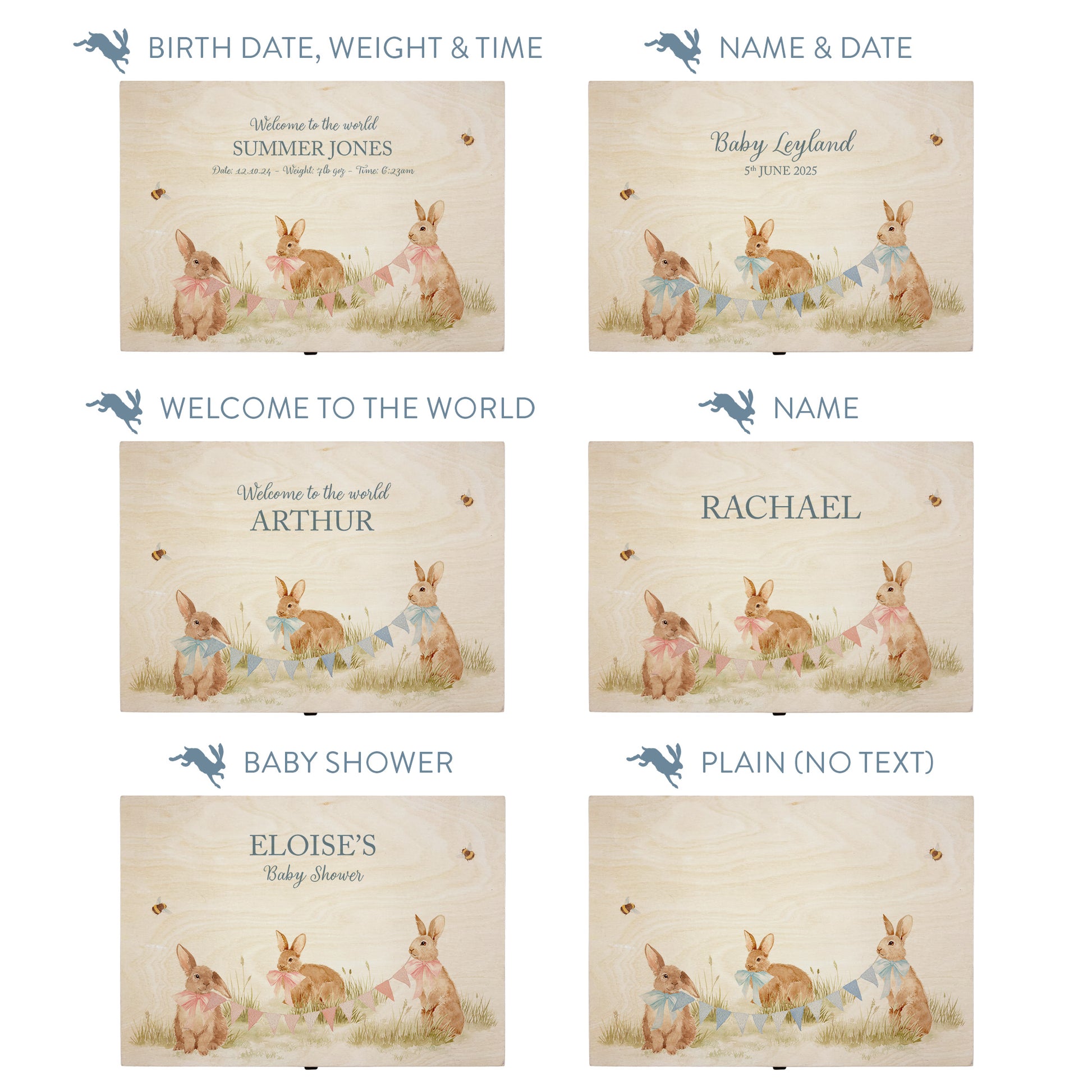 This baby animal design can be personalised by adding a beautiful bunting and a luxurious bow around their necks in blue or pink. Add the extra special touch to your special occasion.  This pictures shows examples of some different ways to personalise your beautiful gift box for your friend, loved one and little person in your life. "Box of things" "School keepsakes" "Time Capsule"  "Favourite things" "Bits and Bobs" "Toys" "Christening memory box"
