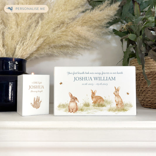 Luxury solid wooden white painted Urn ,  Featuring Baby Bunnies, A watercolour illustration, our urns and Caskets for displaying or burying ashes. Customisable and can be personalised. Perfect funeral memory keepsake urn, for storing ashes for humans and pets. Coping with baby loss, baby memorial