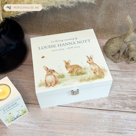 White Square personalised Wooden box with a decorative lid featuring illustrations Baby Bunnies Perfect funeral memory keepsake box, for storing ashes, order of service, flowers and coping with baby loss capturing your loved ones things in one place. 
