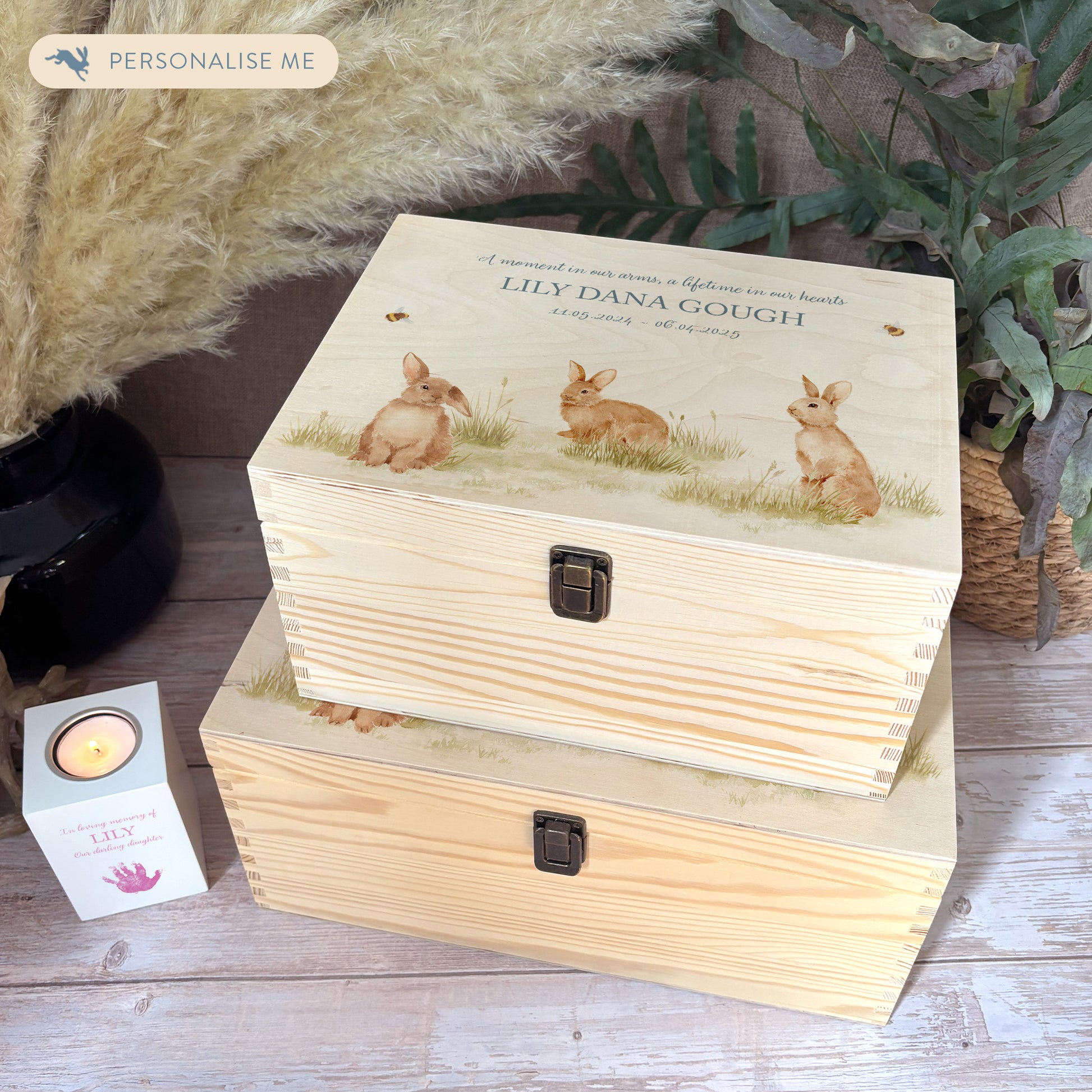 Wooden box with a decorative lid featuring illustrations Baby bunnies Perfect funeral memory keepsake box, for storing ashes, order of service, flowers and coping with baby loss capturing your loved ones things in one place 