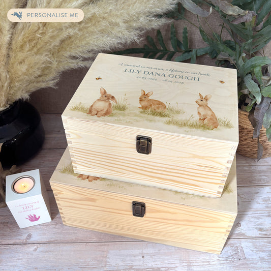 Wooden box with a decorative lid featuring illustrations Baby bunnies Perfect funeral memory keepsake box, for storing ashes, order of service, flowers and coping with baby loss capturing your loved ones things in one place 