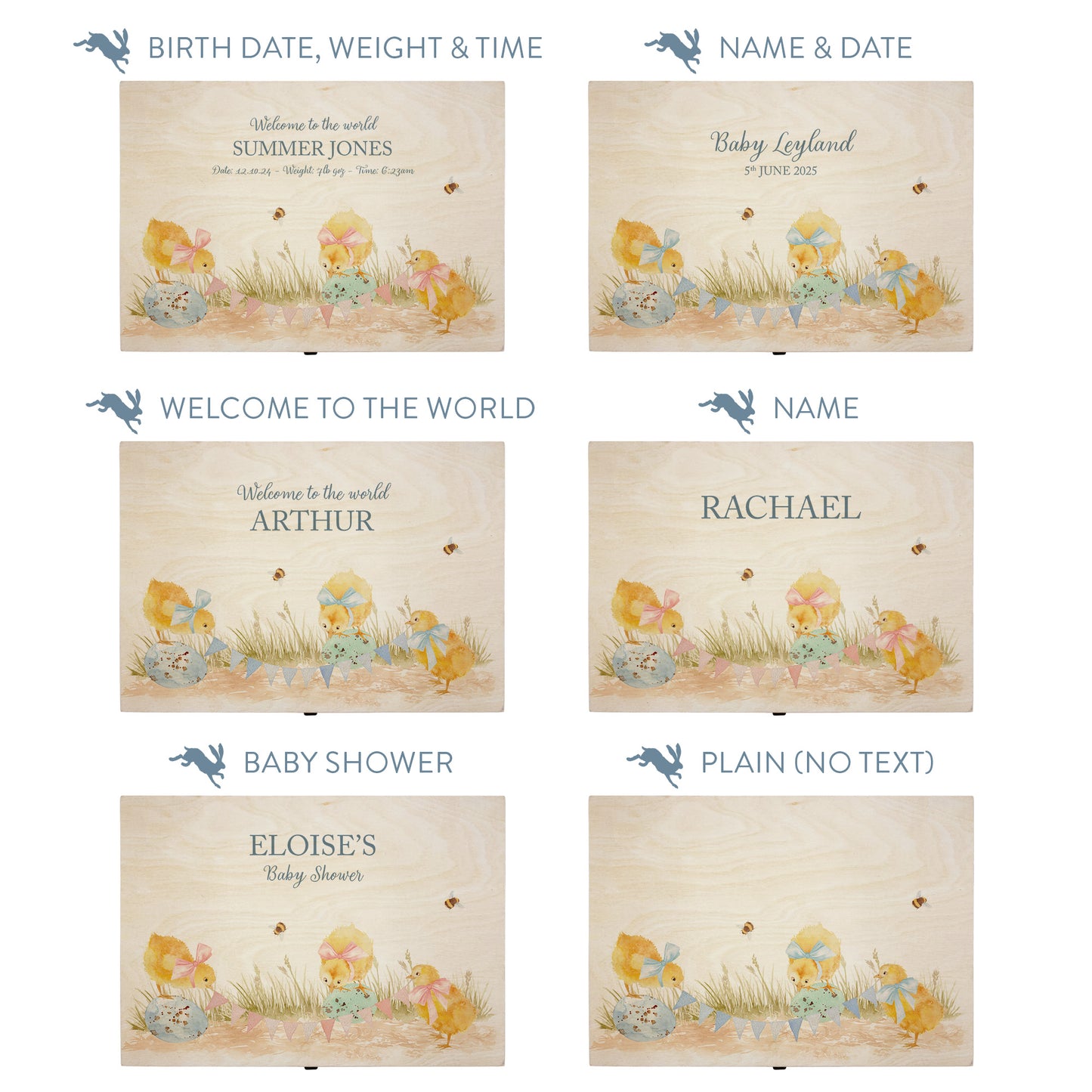 This baby animal design can be personalised by adding a beautiful bunting and a luxurious bow around their necks in blue or pink. Add the extra special touch to your special occasion.  This pictures shows examples of some different ways to personalise your beautiful gift box for your friend, loved one and little person in your life. "Box of things" "School keepsakes" "Time Capsule"  "Favourite things" "Bits and Bobs" "Toys" "Christening memory box"