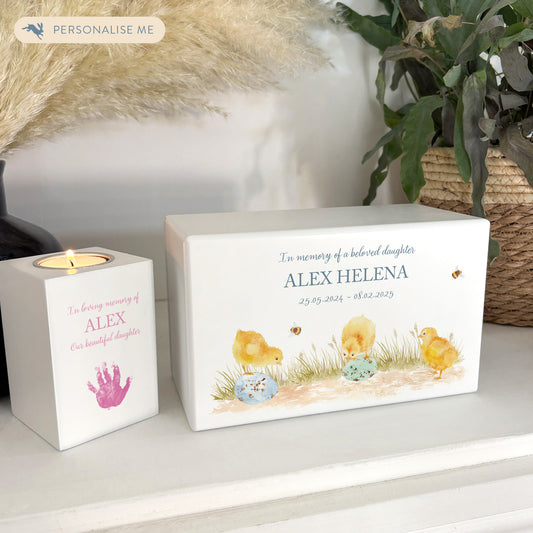 Luxury solid wooden white painted Urn ,  Featuring Baby Chicks, A watercolour illustration, our urns and Caskets for displaying or burying ashes. Customisable and can be personalised. Perfect funeral memory keepsake urn, for storing ashes for humans and pets. Coping with baby loss, baby memorial