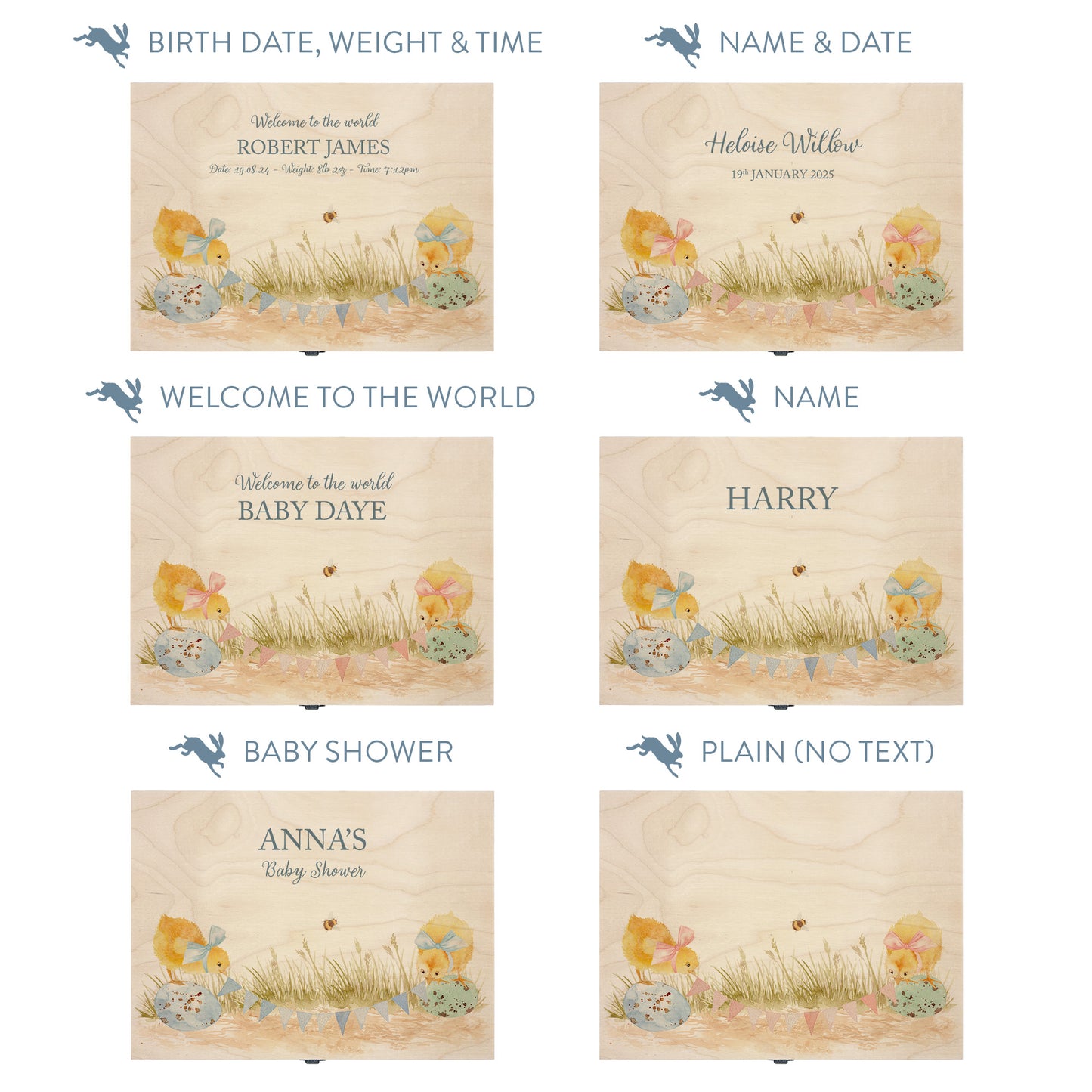 This baby animal design can be personalised by adding a beautiful bunting and a luxurious bow around their necks in blue or pink. Add the extra special touch to your special occasion.  This pictures shows examples of some different ways to personalise your beautiful gift box for your friend, loved one and little person in your life. "Box of things" "School keepsakes" "Time Capsule"  "Favourite things" "Bits and Bobs" "Toys" "Christening memory box"