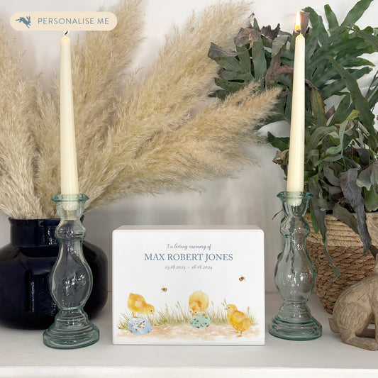 Luxury solid wooden white painted Urn  with Baby Chicks in a meadow sitting on eggs in a beautiful watercolour illustration our urns and Caskets for displaying or burying ashes. Customisable and can be personalised. Perfect funeral memory keepsake urn, for storing ashes for humans and pets. Coping with baby loss. 