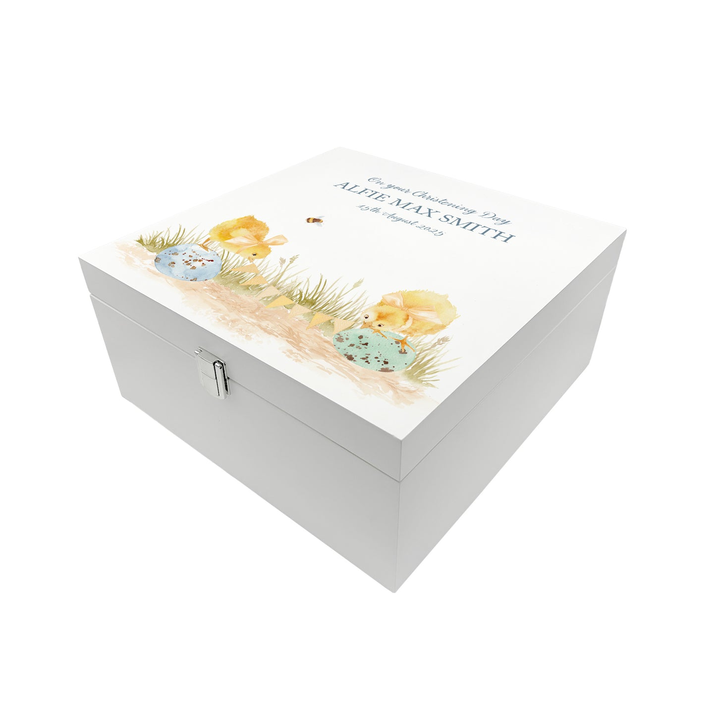 A personalised white wooden baby keepsake gift box with a watercolour chicks design. Ideal for new baby gifts, christenings, birthdays, memory box, and nursery storage.