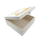 A personalised white wooden baby keepsake gift box with a watercolour chicks design. The box is shown with the lid open to show the solid wood box interior.