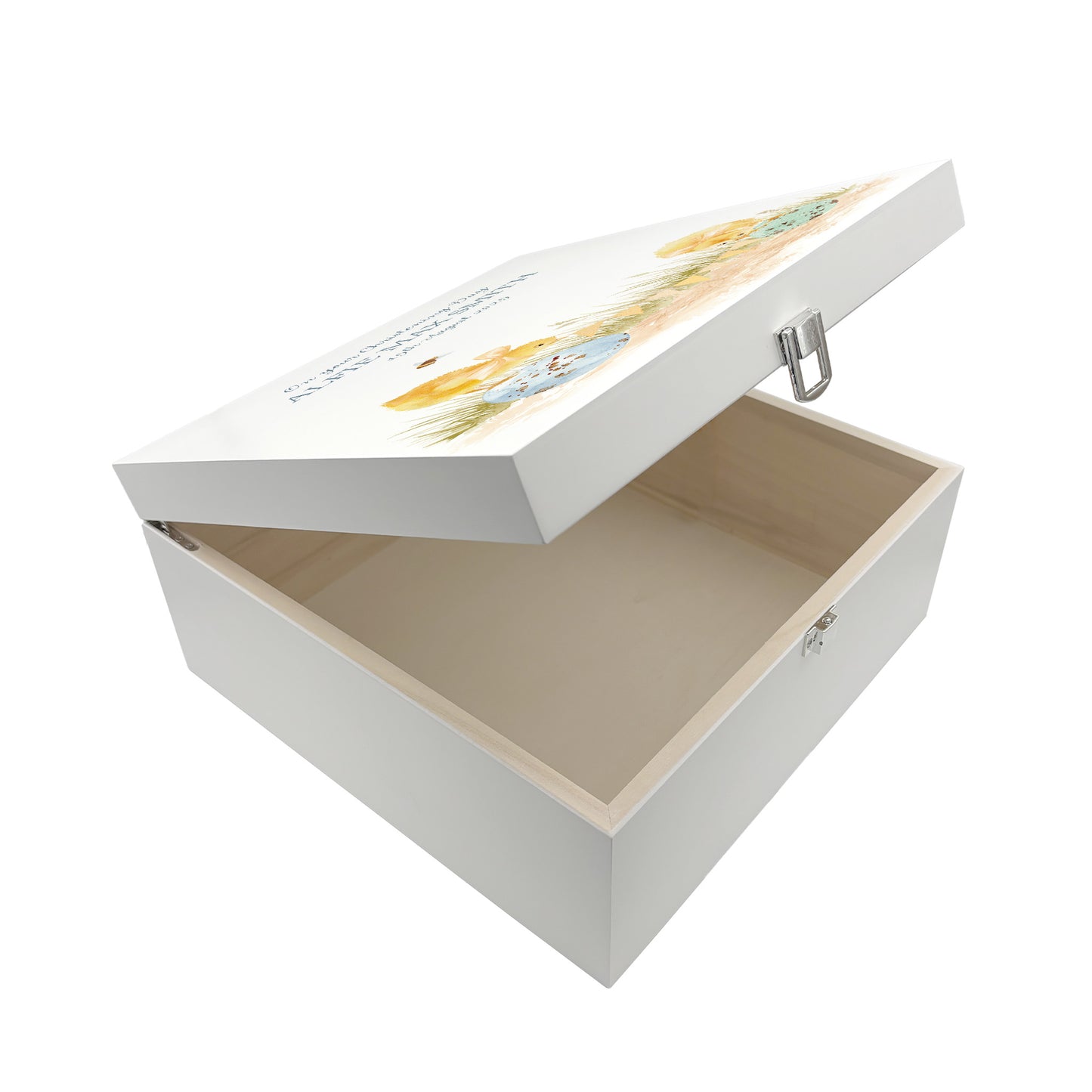 A personalised white wooden baby keepsake gift box with a watercolour chicks design. The box is shown with the lid open to show the solid wood box interior.