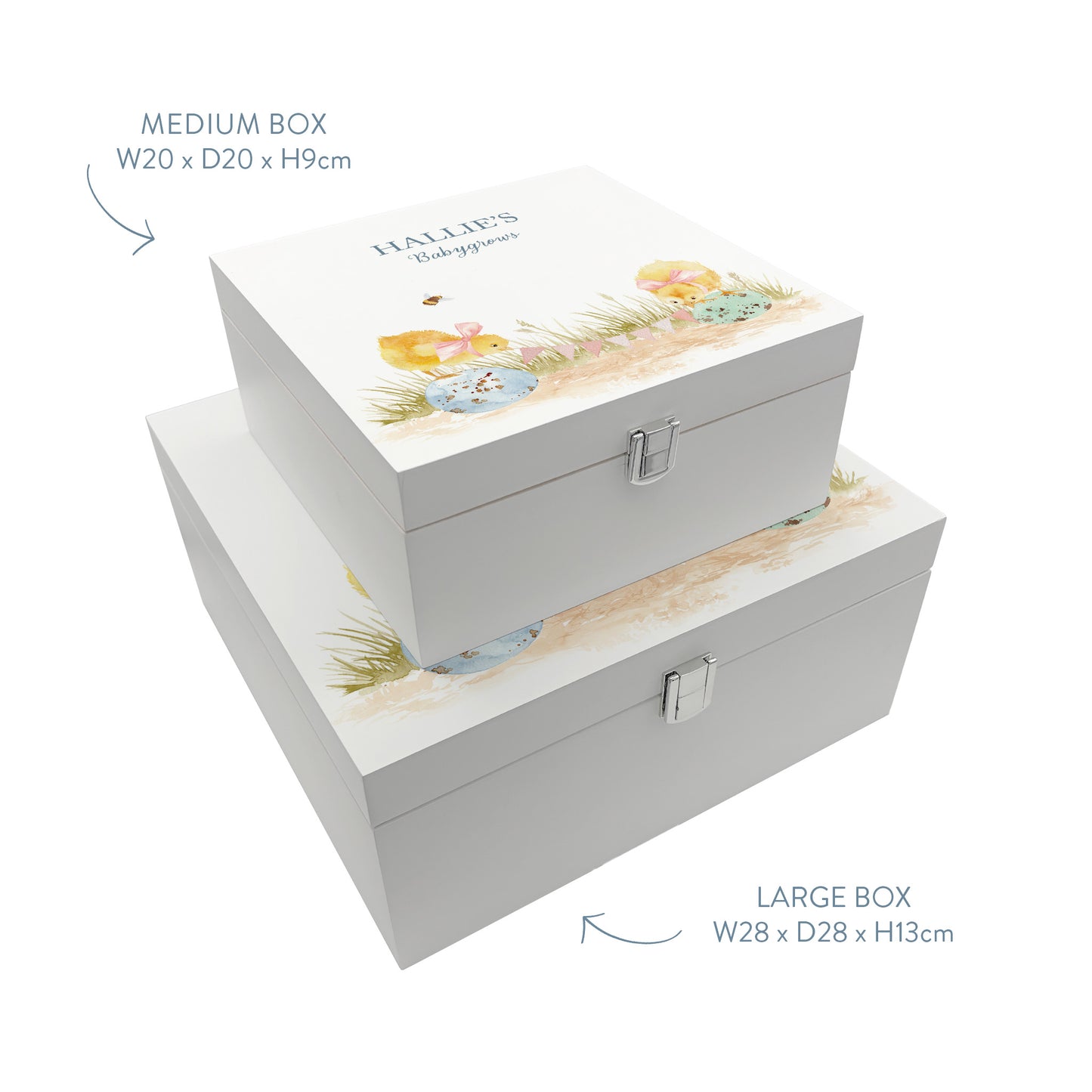 Two white wooden keepsake baby gift boxes stacked on top of each other to show the sizes available. The boxes are personalised with custom text and feature a baby chicks watercolour design.