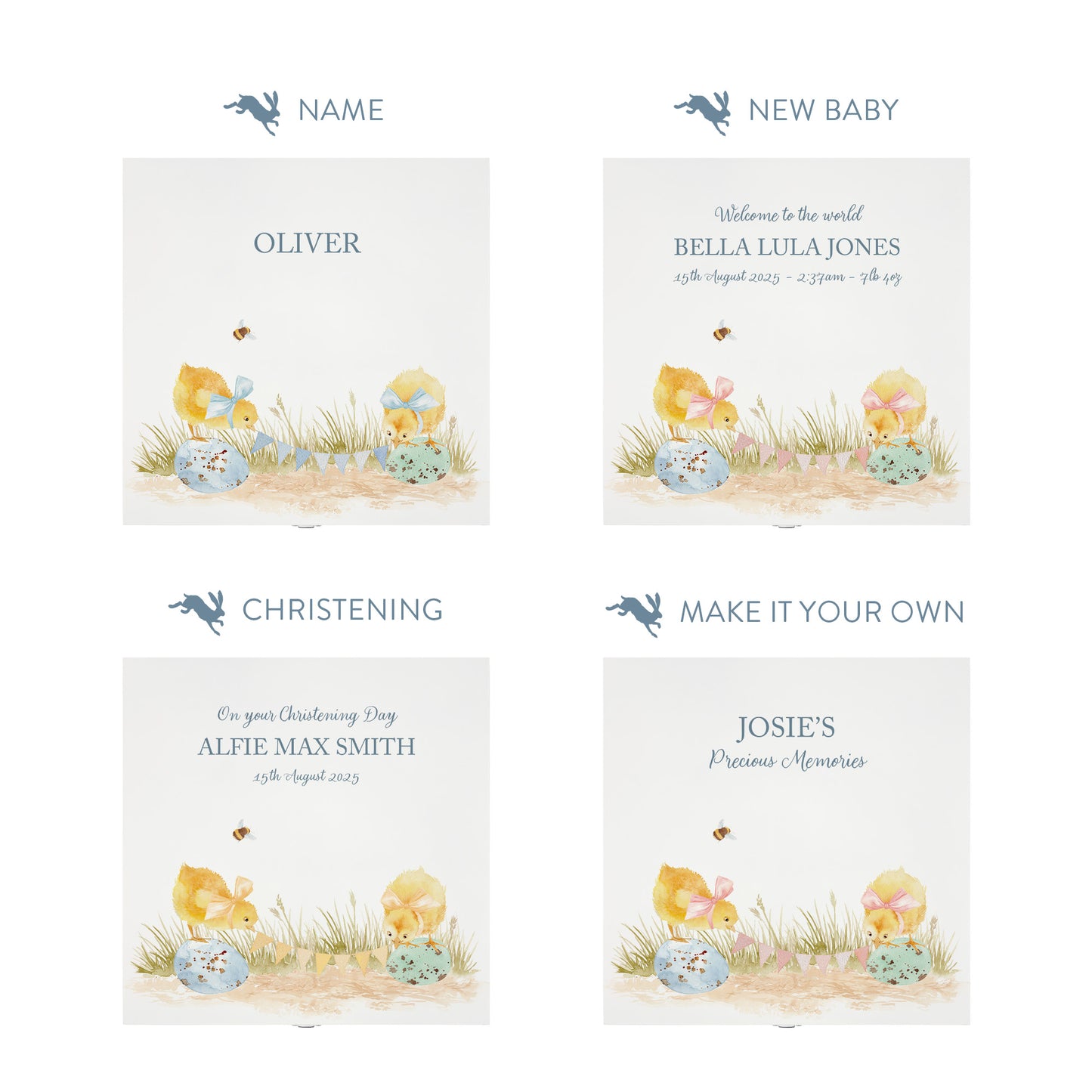 Personalisation options for a white wooden baby gift box with a baby chicks design. The image shows the personalised phrase options available for baby shower, christenings, and nursery storage.