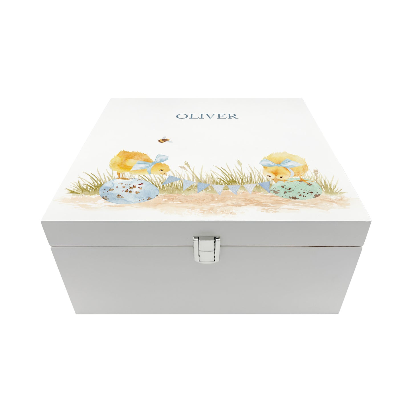 A personalised white wooden baby keepsake gift box with a watercolour chicks design. Ideal for new baby gifts, christenings, birthdays, memory box, and nursery storage.
