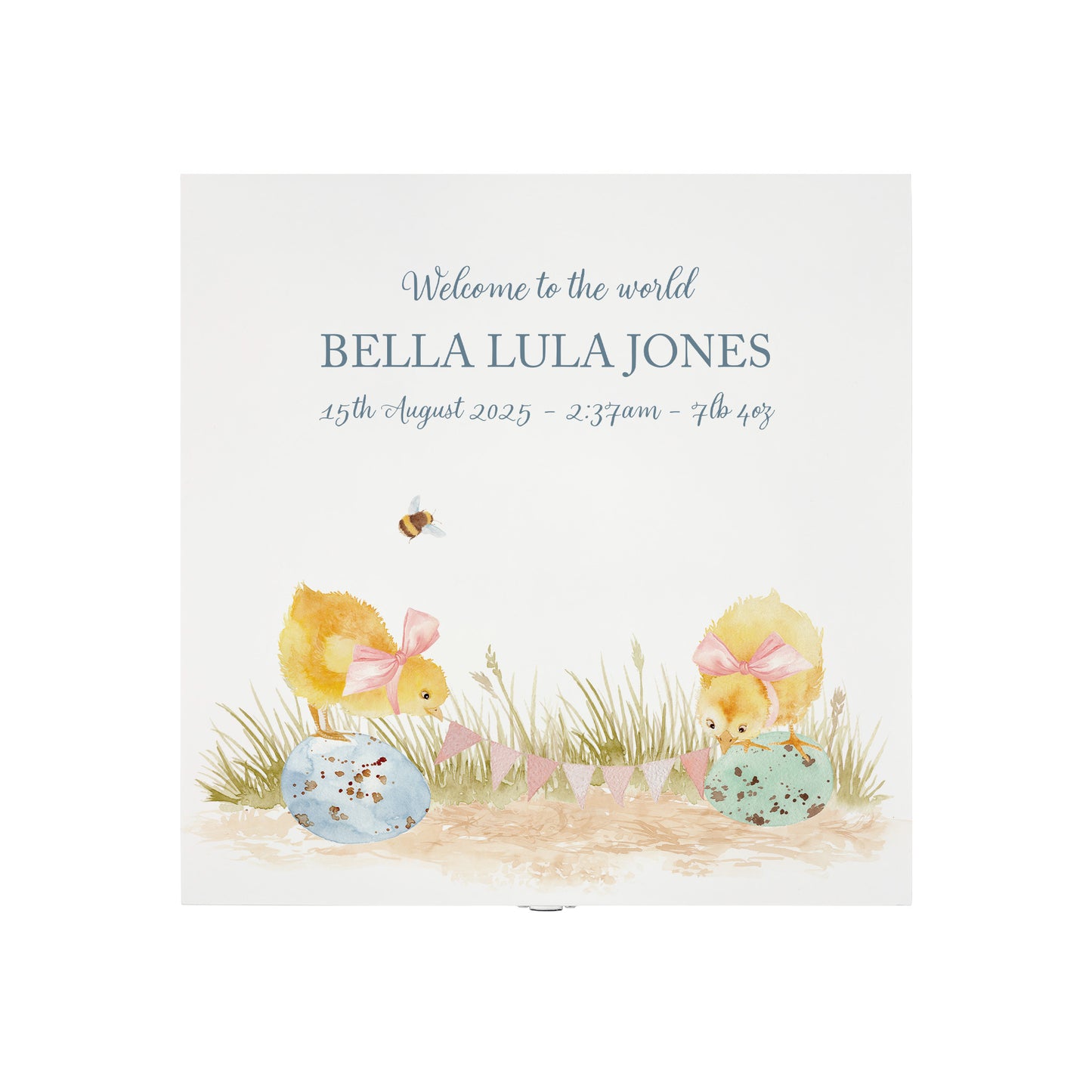 The top of a personalised white wooden baby keepsake gift box with a watercolour chicks design. Ideal for new baby gifts, christenings, birthdays, memory box, and nursery storage.