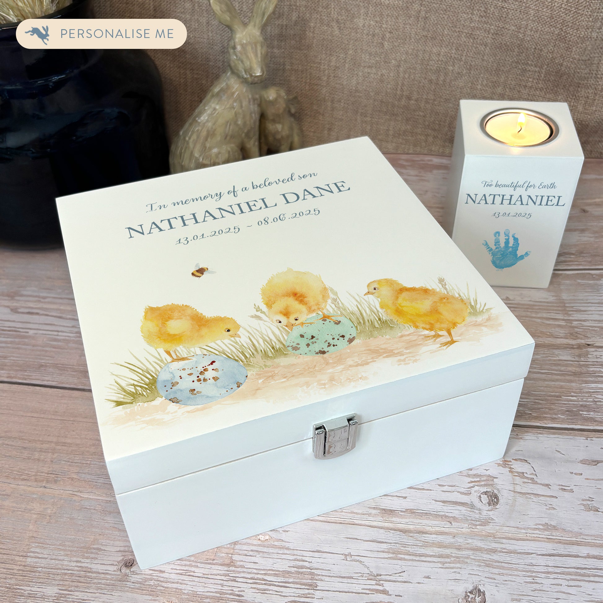 White Square personalised Wooden box with a decorative lid featuring illustrations Baby Chicks Perfect funeral memory keepsake box, for storing ashes, order of service, flowers and coping with baby loss capturing your loved ones things in one place. 