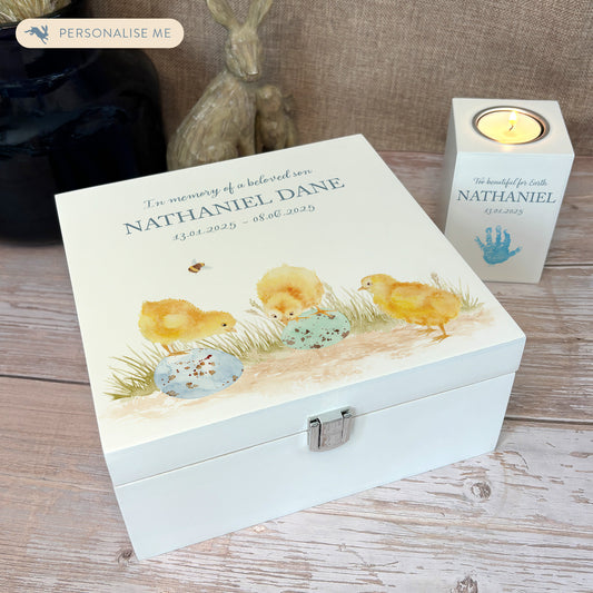 White Square personalised Wooden box with a decorative lid featuring illustrations Baby Chicks Perfect funeral memory keepsake box, for storing ashes, order of service, flowers and coping with baby loss capturing your loved ones things in one place. 