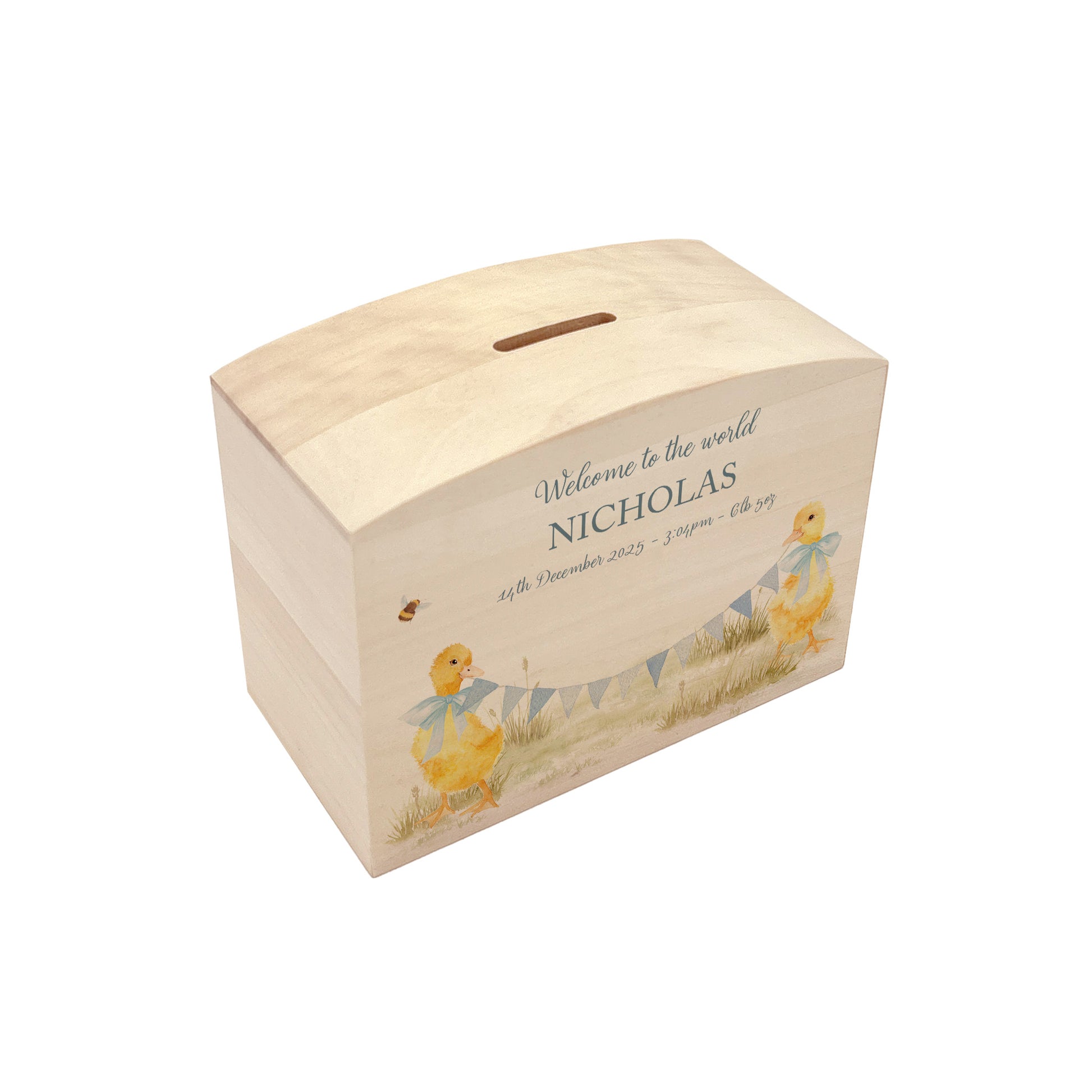 Ducklings with bunting and bows in a water colour design, the perfect money box for your little savers. Newborn, birthday and christening gift. 