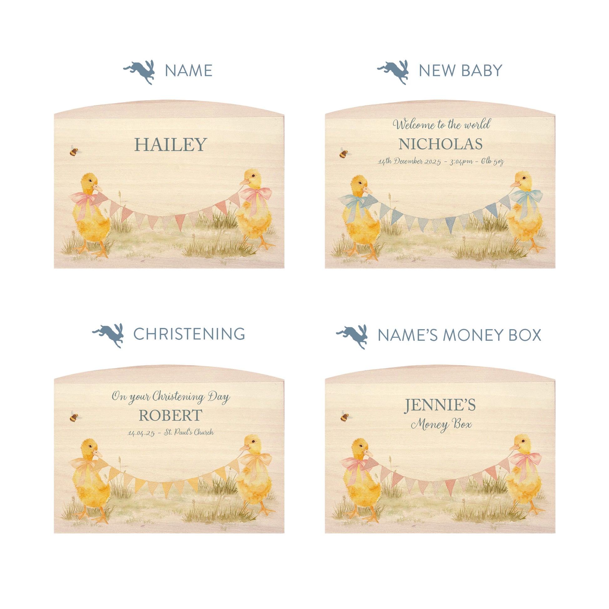 Ducklings with bunting and bows in a water colour design, the perfect money box for your little savers. Newborn, birthday and christening gift. 