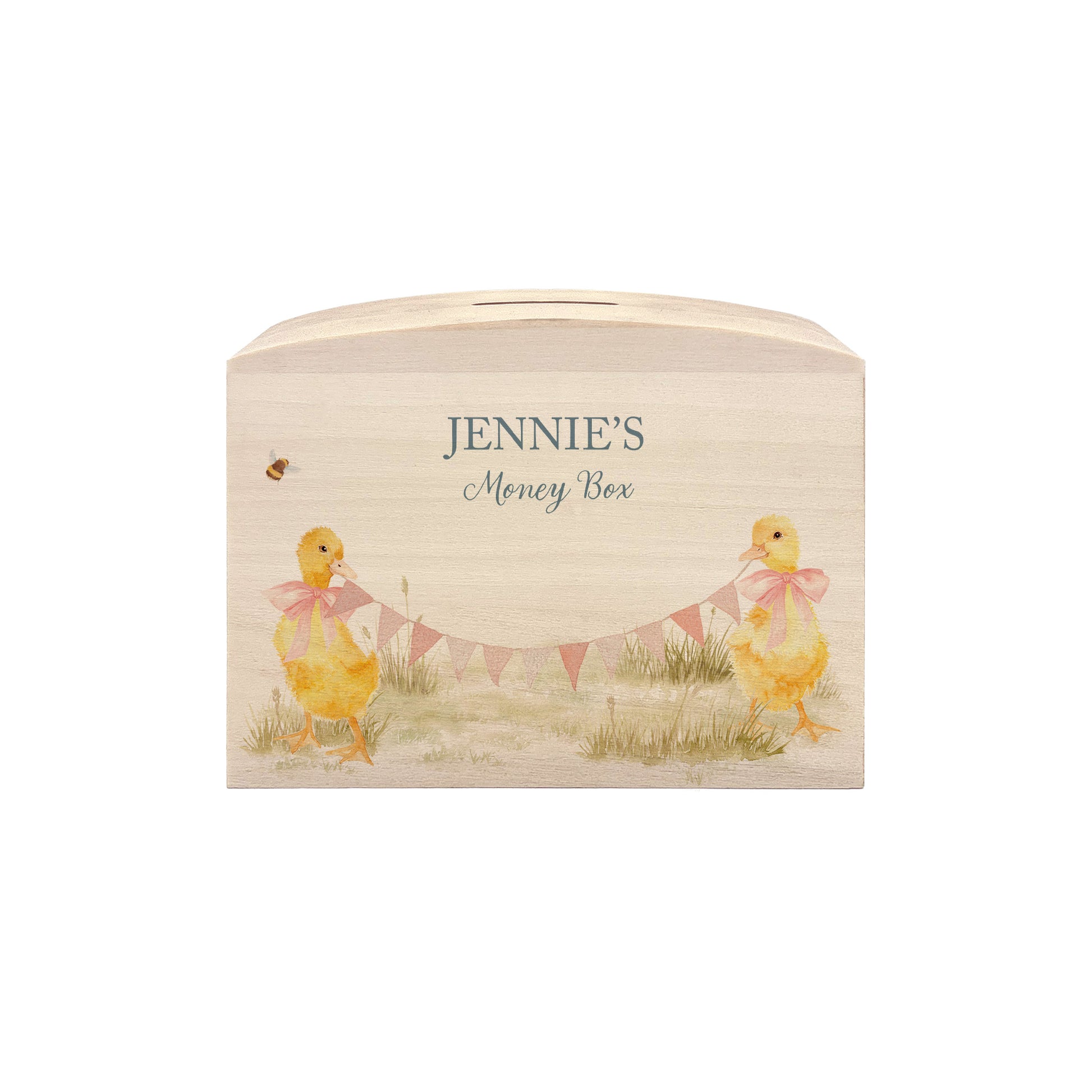 Ducklings with bunting and bows in a water colour design, the perfect money box for your little savers. Newborn, birthday and christening gift. 