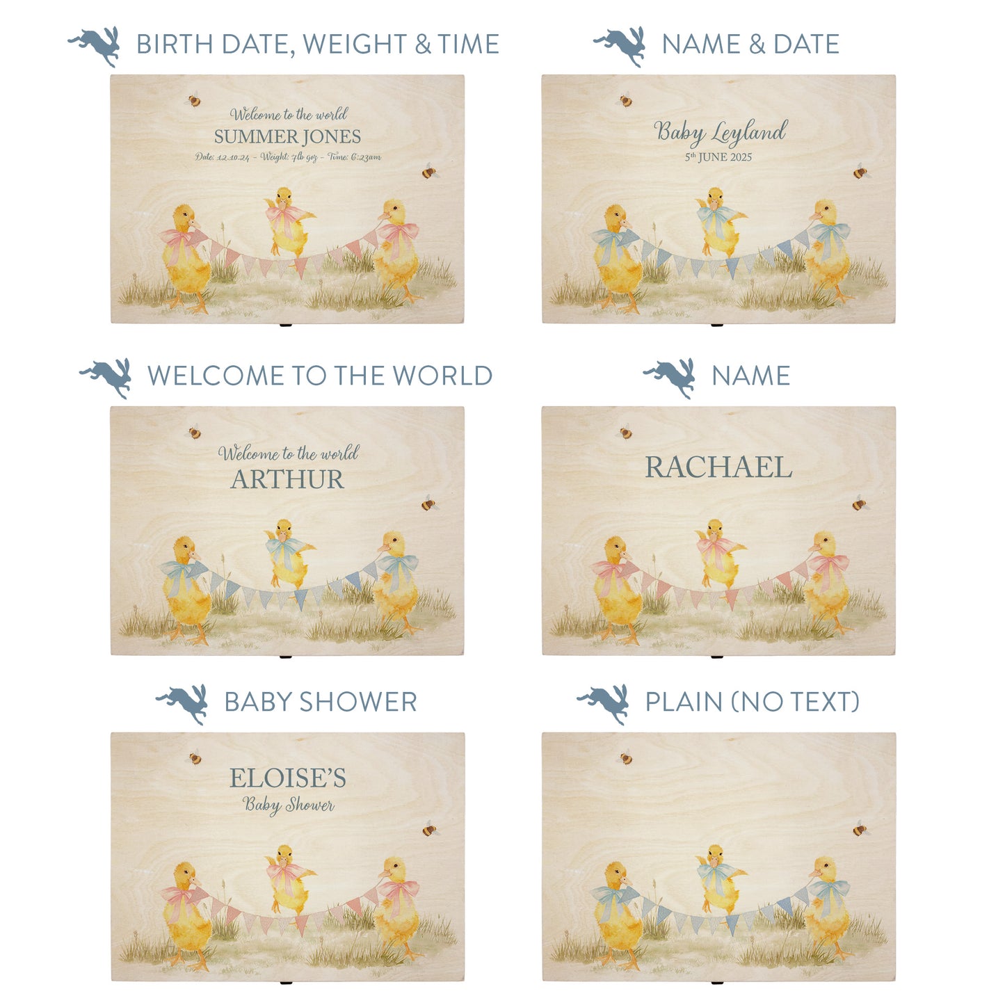 This baby animal design can be personalised by adding a beautiful bunting and a luxurious bow around their necks in blue or pink. Add the extra special touch to your special occasion.  This pictures shows examples of some different ways to personalise your beautiful gift box for your friend, loved one and little person in your life. "Box of things" "School keepsakes" "Time Capsule"  "Favourite things" "Bits and Bobs" "Toys" "Christening memory box"