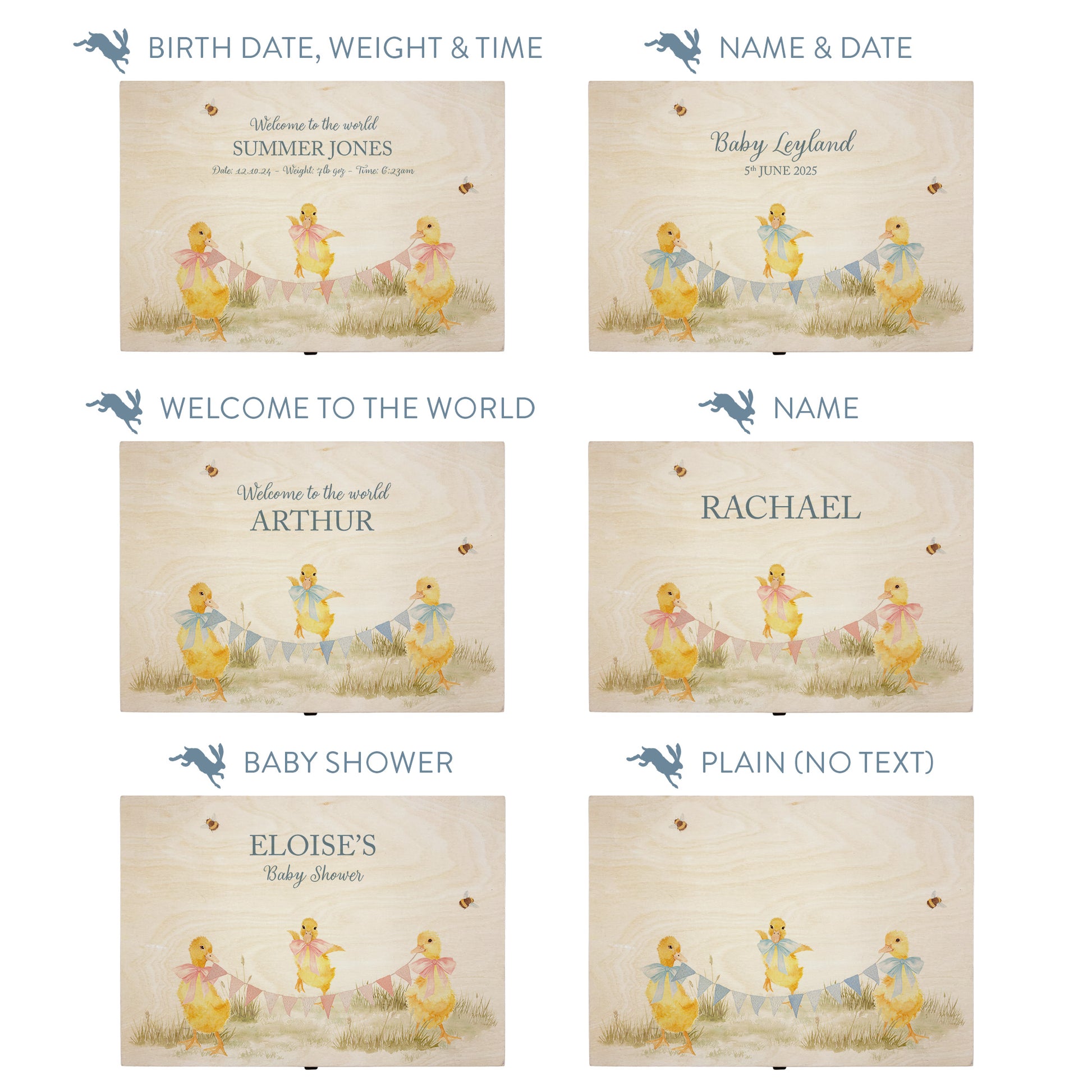 This baby animal design can be personalised by adding a beautiful bunting and a luxurious bow around their necks in blue or pink. Add the extra special touch to your special occasion.  This pictures shows examples of some different ways to personalise your beautiful gift box for your friend, loved one and little person in your life. "Box of things" "School keepsakes" "Time Capsule"  "Favourite things" "Bits and Bobs" "Toys" "Christening memory box"