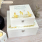 White Square personalised Wooden box with a decorative lid featuring illustrations Baby Ducklings Perfect funeral memory keepsake box, for storing ashes, order of service, flowers and coping with baby loss capturing your loved ones things in one place. 