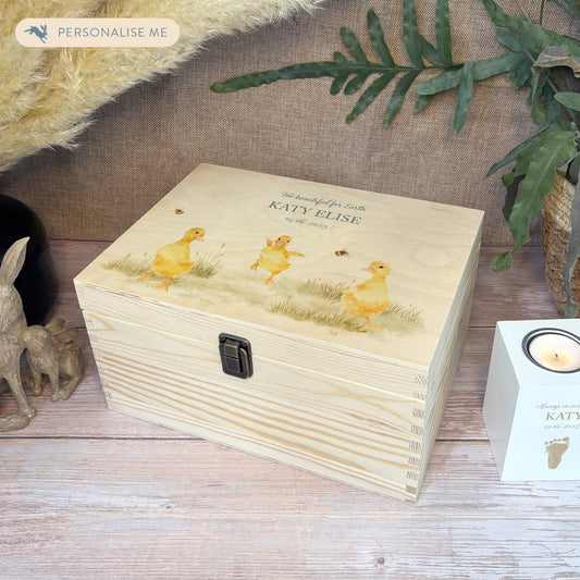 Wooden box with a decorative lid featuring illustrations Baby ducklings Perfect funeral memory keepsake box, for storing ashes, order of service, flowers and coping with baby loss capturing your loved ones things in one place 