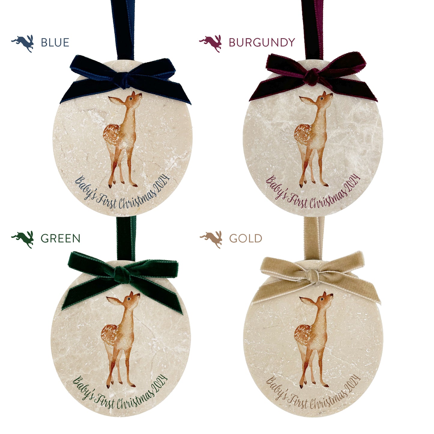 Four personalised oval shaped marble baubles showing a selection of velvet ribbon colour options. Choose from navy blue, burgundy red, forest green and champagne gold.