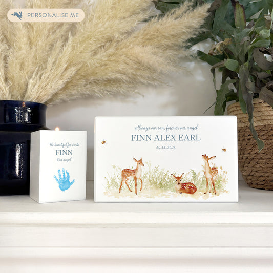 Luxury solid wooden white painted Urn ,  Featuring Baby Fawn, A watercolour illustration, our urns and Caskets for displaying or burying ashes. Customisable and can be personalised. Perfect funeral memory keepsake urn, for storing ashes for humans and pets. Coping with baby loss, baby memorial