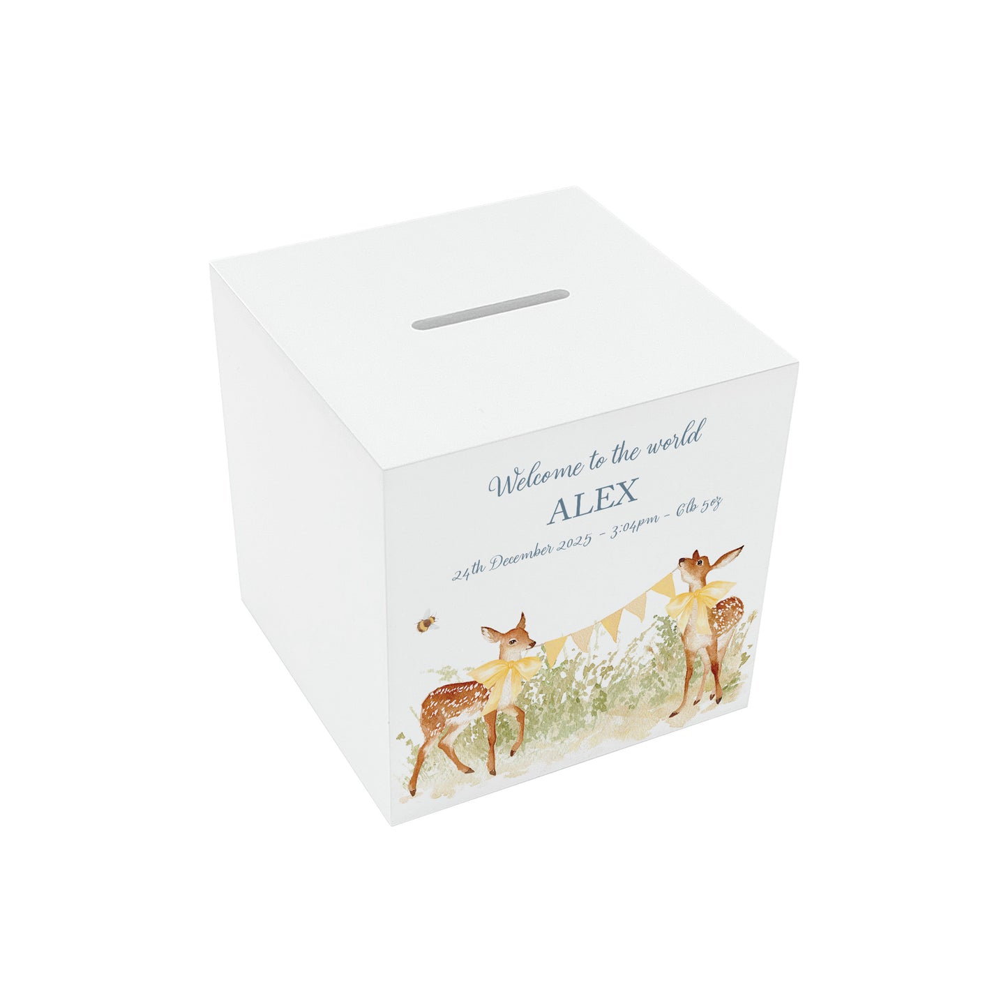 handmade nursery décor money box with delicate watercolour fawn artwork holding bunting and wearing bows