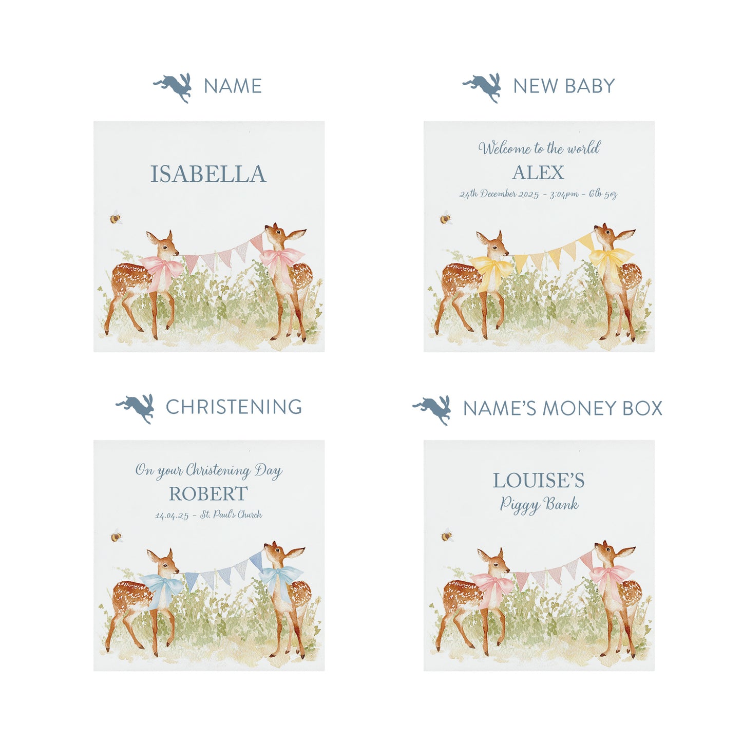 handmade nursery décor money box with delicate watercolour fawn artwork holding bunting and wearing bows