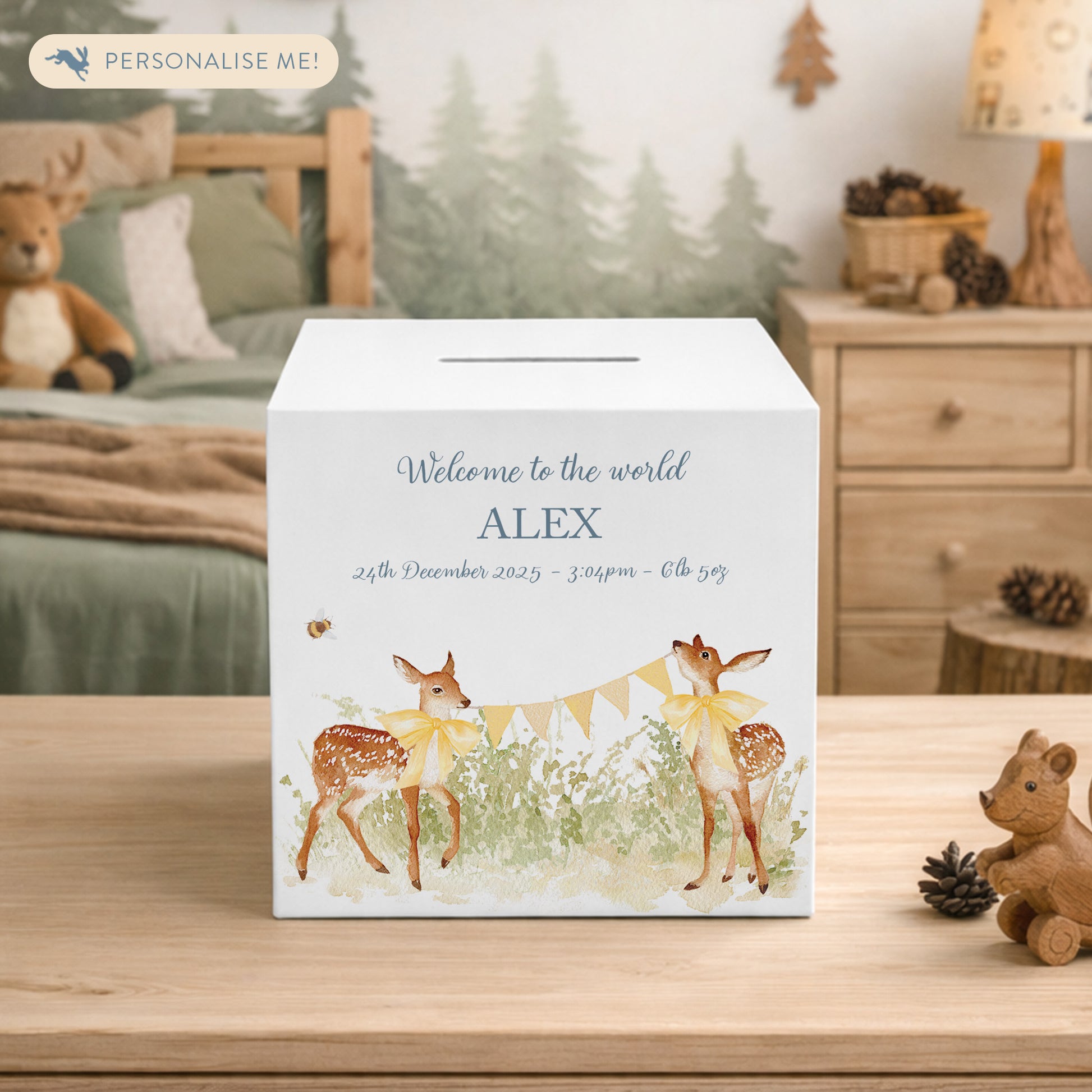 handmade nursery décor money box with delicate watercolour fawn artwork holding bunting and wearing bows