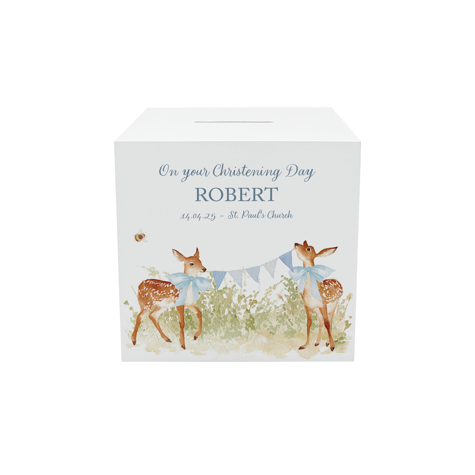 handmade nursery décor money box with delicate watercolour fawn artwork holding bunting and wearing bows