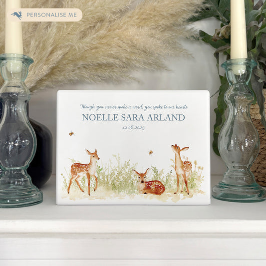 Luxury solid wooden white painted with Baby Fawn in a meadow with buzzy bees, a beautiful watercolour illustration our urns and Caskets for displaying or burying ashes. Customisable and can be personalised. Perfect funeral memory keepsake urn, for storing ashes for humans and pets. Coping with baby loss. 