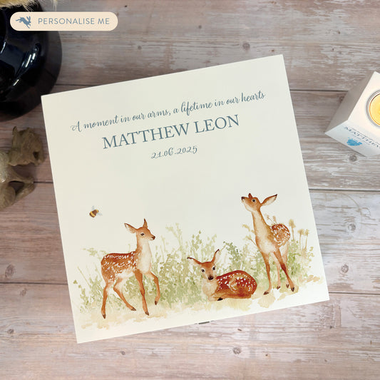 White Square personalised Wooden box with a decorative lid featuring illustrations Baby Fawn Perfect funeral memory keepsake box, for storing ashes, order of service, flowers and coping with baby loss capturing your loved ones things in one place. 