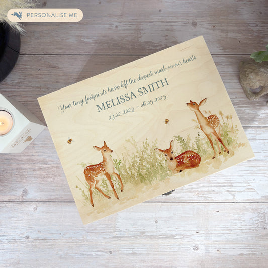Wooden box with a decorative lid featuring illustrations Baby Fawn Perfect funeral memory keepsake box, for storing ashes, order of service, flowers and coping with baby loss capturing your loved ones things in one place 