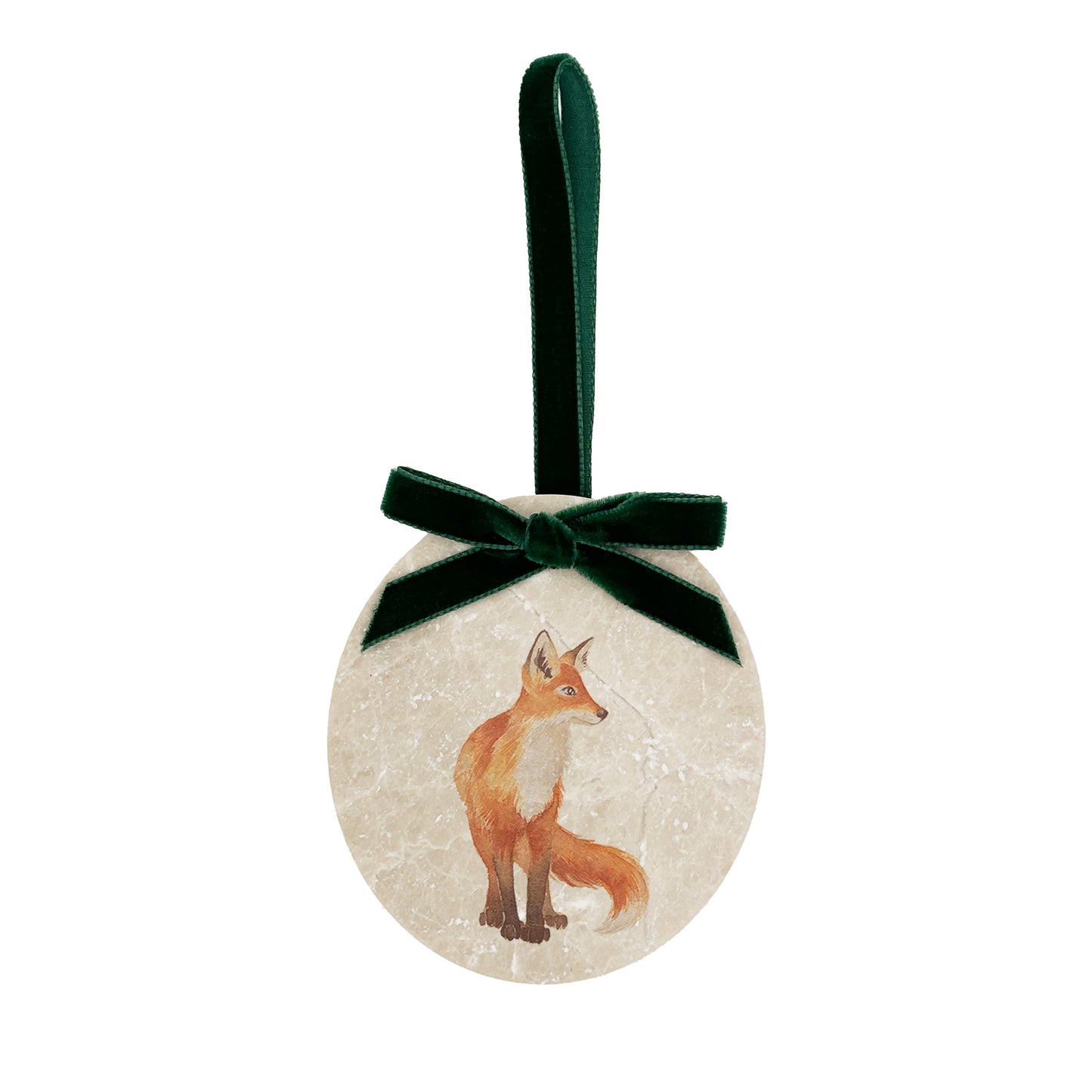 A marble bauble featuring a watercolour fox cub design, and finished with a velvet ribbon, available in your choice of colour. Personalisation is also available to create a unique, memorable keepsake.