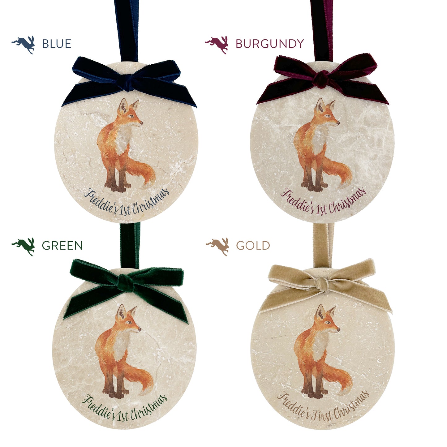 Four personalised oval shaped marble baubles showing a selection of velvet ribbon colour options. Choose from navy blue, burgundy red, forest green and champagne gold.