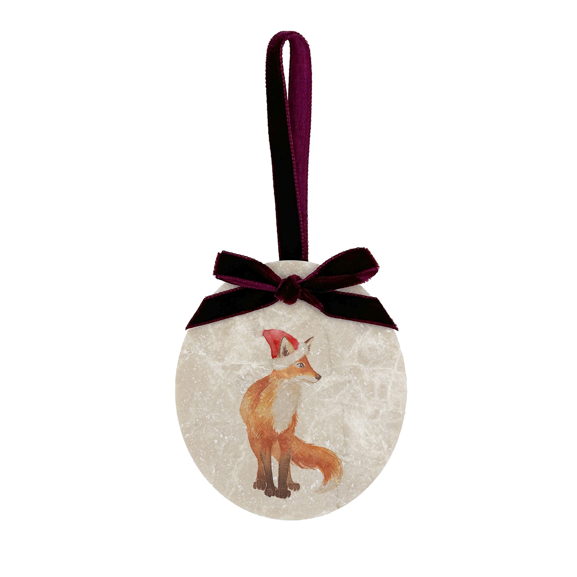 An oval marble bauble featuring a baby fox cub, finished with a velvet ribbon in your choice of colour. The bauble can be personalised to add a bespoke touch to your Christmas decorations.