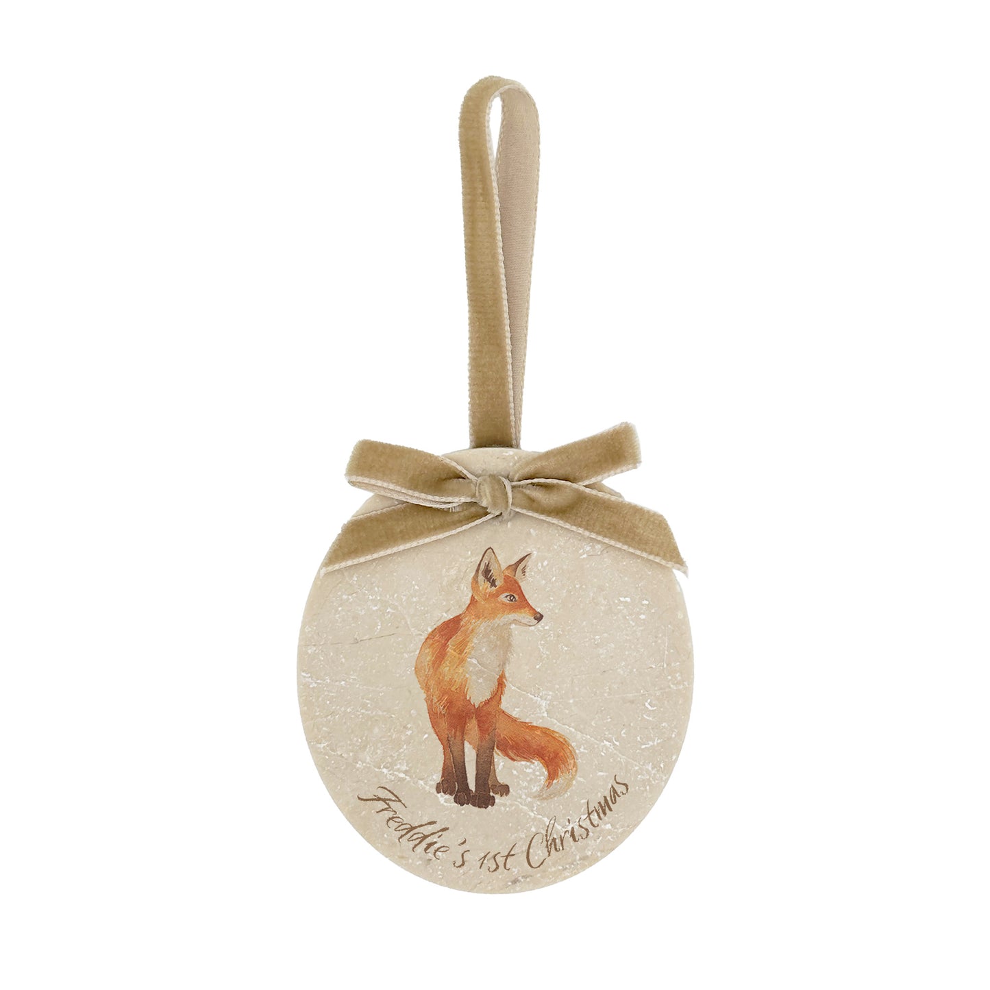 An oval marble bauble featuring a watercolour baby fox cub, personalised to celebrate baby's first Christmas. The bauble is finished with a velvet ribbon.