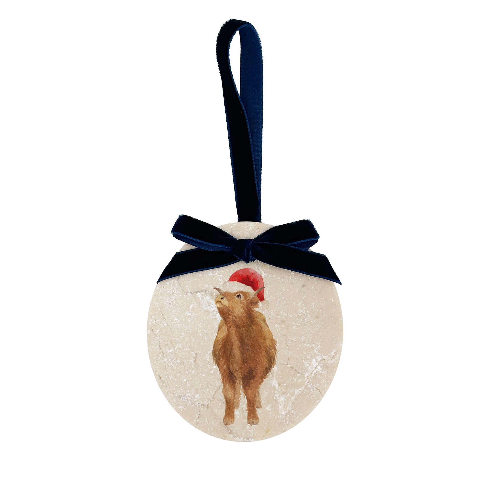 Celebrate baby's first Christmas with our Highland calf marble bauble. Each bauble is finished with a velvet ribbon, available in your choice of colour. Personalisation is also available to create a unique, memorable keepsake.