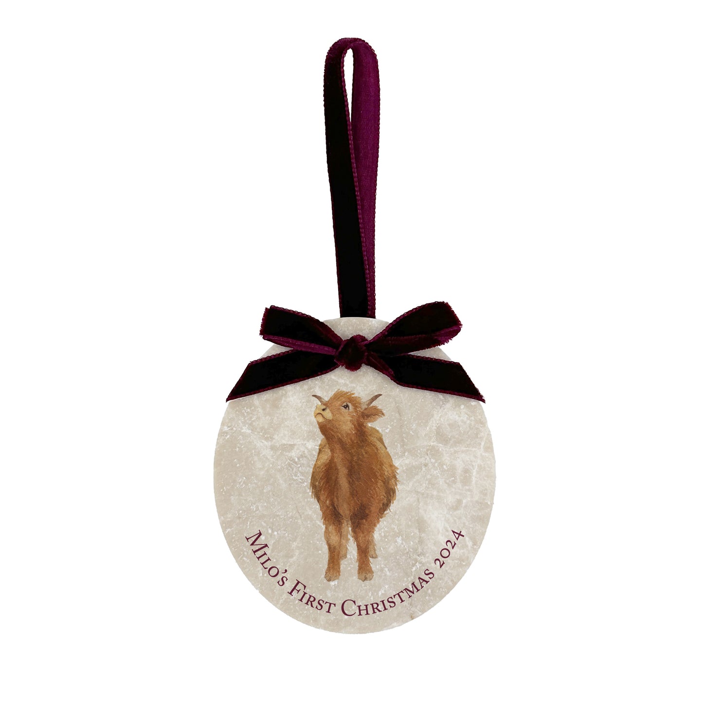 Celebrate baby's first Christmas with our Highland calf marble bauble. Each bauble is finished with a velvet ribbon, available in your choice of colour. Personalisation is also available to create a unique, memorable keepsake.