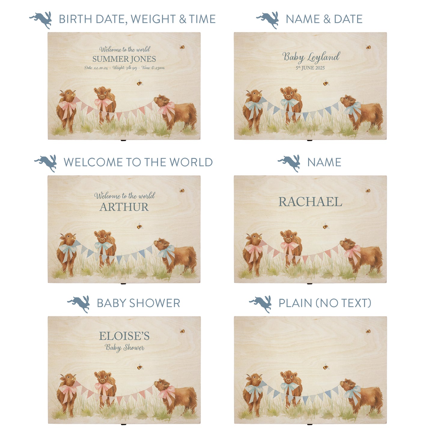 This baby animal design can be personalised by adding a beautiful bunting and a luxurious bow around their necks in blue or pink. Add the extra special touch to your special occasion.  This pictures shows examples of some different ways to personalise your beautiful gift box for your friend, loved one and little person in your life. "Box of things" "School keepsakes" "Time Capsule"  "Favourite things" "Bits and Bobs" "Toys" "Christening memory box"